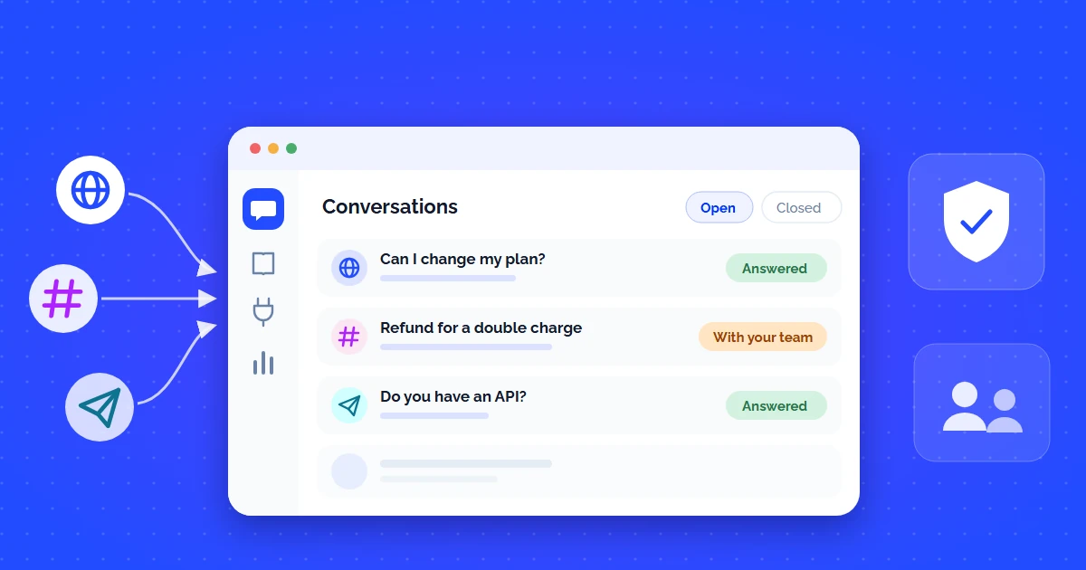A customer service console listing conversations from the website, team chat and a messenger, each marked as answered or with your team