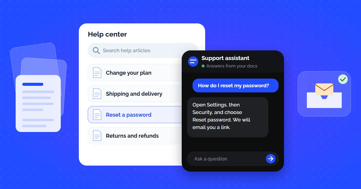 A help center with searchable articles, and a chat assistant answering a password question from them
