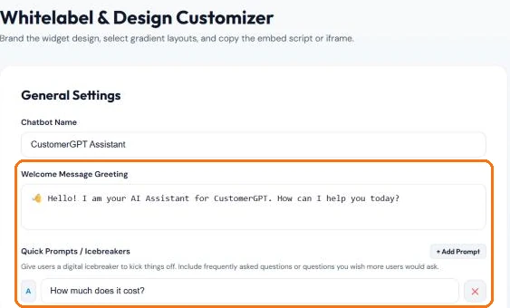 Customizer General Settings with the chatbot name, welcome message and a Quick Prompt asking how much it costs