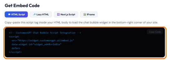 Get Embed Code panel with HTML Script, Lazy HTML, Next.js Script and IFrame tabs and the script tag that loads the chat widget