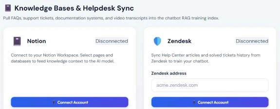 Integrations section Knowledge Bases and Helpdesk Sync with Notion and Zendesk connect buttons