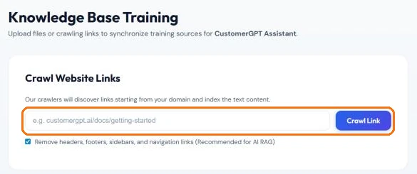 Knowledge Base Training screen with the Crawl Website Links field and the Crawl Link button