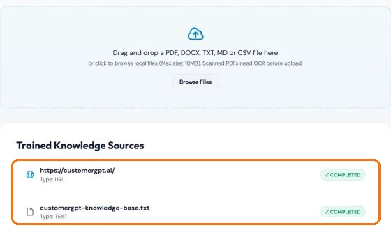 Upload area for PDF, DOCX, TXT, MD and CSV files above the Trained Knowledge Sources list, with a website and a text file marked Completed
